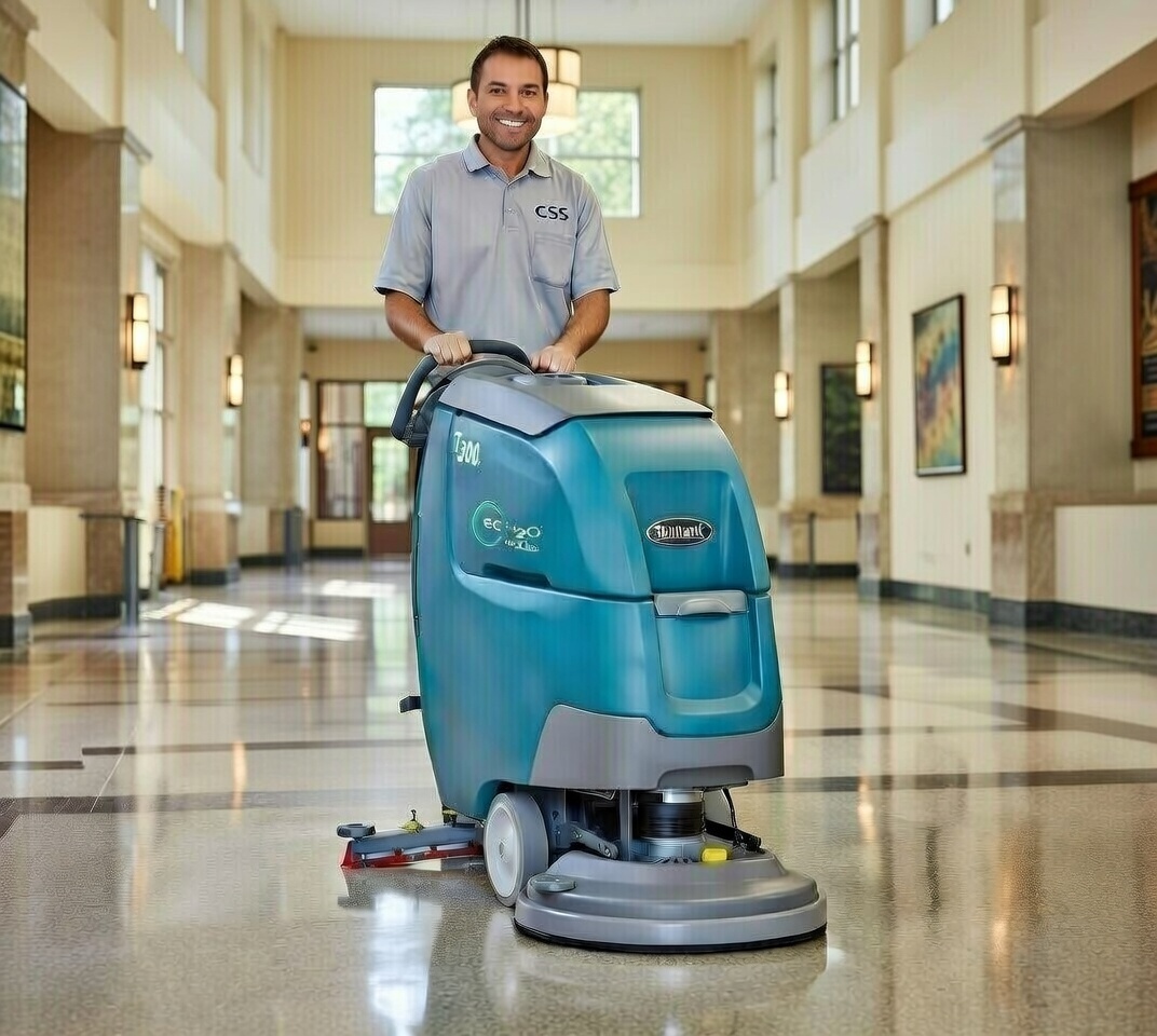 CSS technician operating Tennant floor scrubber
